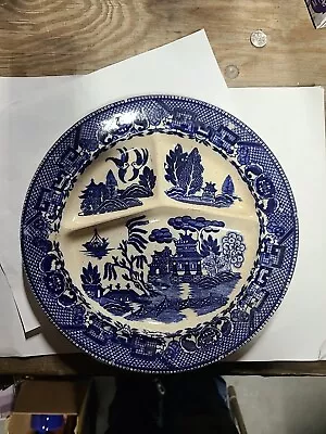 Antique Moriyama Blue Willow Grill Plate Occupied Japan 10.125  Sectional • $44