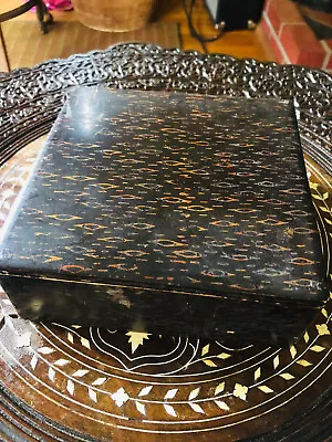 Vintage Japanese Wood Lacquer Writing Box Black W/ Gold Design 6.25  X 6.25  • $40