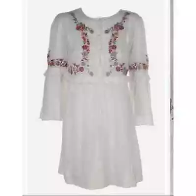 Max Studio White Cotton Embroidered Flowy Floral Bell Fluted Sleeve Slip Dress M • $35