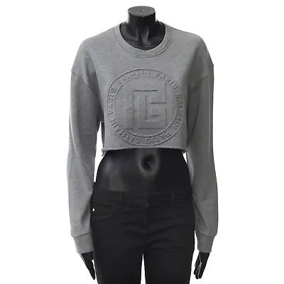 BALMAIN 950$ Cropped Heather Gray Sweatshirt - Embossed Logo • $281.25