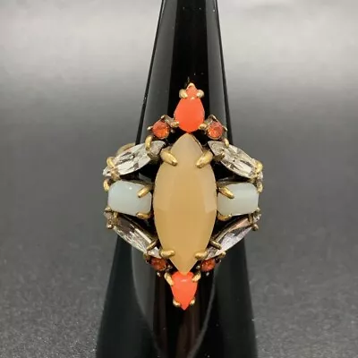 $18 • Buy Signed Stella Dot Riviera Orange White Tan Rhinestone Cocktail Adjustable Ring