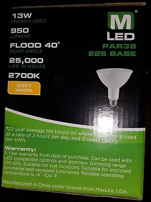 1 MaxLite 13W LED Dimmable PAR38 E26 BULB 90W 2700K Flood Light Lamp Soft White • $2.99