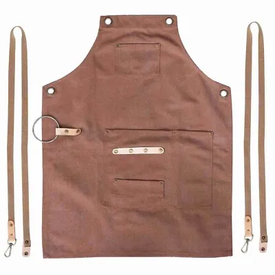 Brown Canvas Bib Chef Kitchen For Women Men Barista Bartender Pockets Home • £8.99