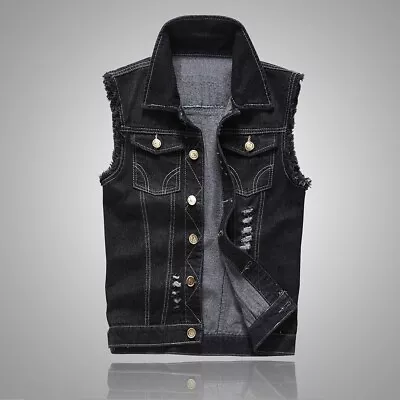 Men's Denim Vest Ripped Jean Coat Causal Jacket Collar Sleeveless Shirt Biker❀ • $21.64