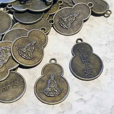 2 Antiqued Brass Pewter Buddha Quan Yin Blessing Pendants Focal Beads 32x22mm • $6.95