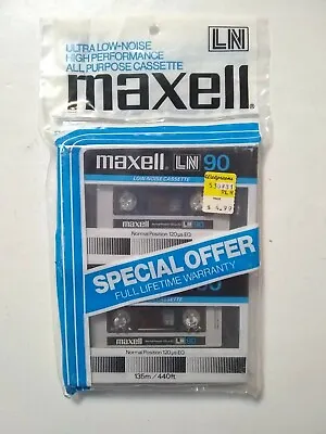 Vintage Maxell LN90 90 Minute Blank Audio Cassettes 2 Tape Hanger New & Sealed • $29.99