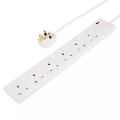 6 Way Mains Extension Lead 2M Metre Individually Switched Gang Power Cable White • £9.99