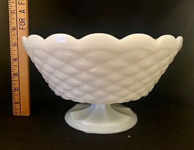 Vintage Pedestal White Milk Glass Fruit Bowl Scalloped And Weaved Pattern. • $15.99