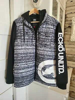 Ecko Unltd. Mens Puffer Hooded Coat Black White Size M Zip Front Rhino • $29.99