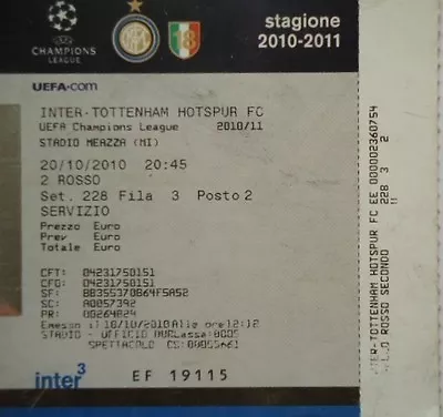 2010/11 UEFA Champions League Inter Milan - Tottenham Hotspur TICKET • £2.55