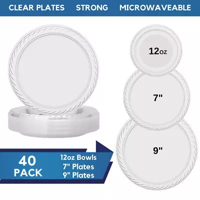 40 Pack Heavy Duty Clear Disposable Plastic Plates Bowls Microwavable Reusable • £79.99