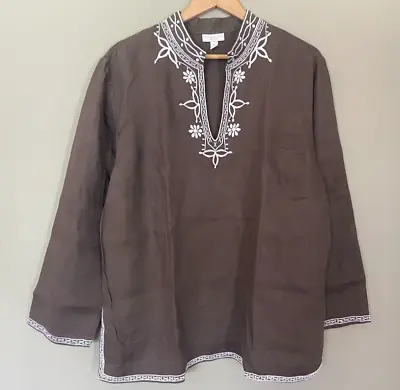 Charter Club Linen Tunic Blouse 20W Greige W/White Embroidery Mao Collar • $28