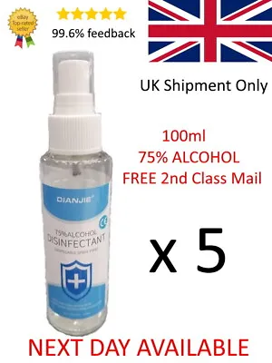 5 X 100ML Hand Sanitiser Liquid Spray 75% Alcohol - Kills 99.9% Germs • £6.95