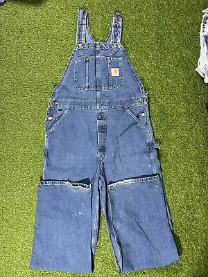 Vintage Carhartt R07 Overalls Mens 36x34 Blue Jeans Bibs Cotton Denim Carpenter • $60