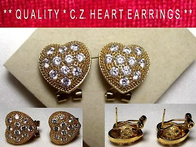 *ELEGANT * C.Z. Heart Shape  Gold  EARRINGS * Secure Fastenings * • £4.95