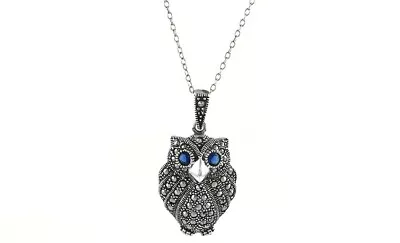 925 Sterling Silver Genuine Marcasite Black Owl Pendant Necklace - 18  • $11.99