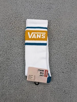 Vans Crew Socks Mens Womens 6.5-9 White Teal Khaki Logo Striped Skate Athletic • $14.88