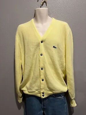 Men's Vtg IZOD Yellow Orlon Acrylic Button Up Grandpa Cardigan Sweater Size L • $24.99