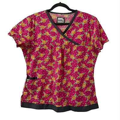 Mary Engelbreit Medical Scrub Top Shirt Pink Yellow Flowers Size M Nurse  • $15