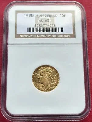 Switzerland  Gold 10 Francs 1915 B - Ngc Ms 63   Rare9 • $324.99