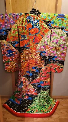 Vintage Black Japanese Wedding Uchikake Kimono Vibrant With Floral • $225