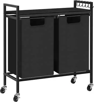 Black Double Laundry Hamper Basket With Removable Bag And Black Wood Shelf • $33.99