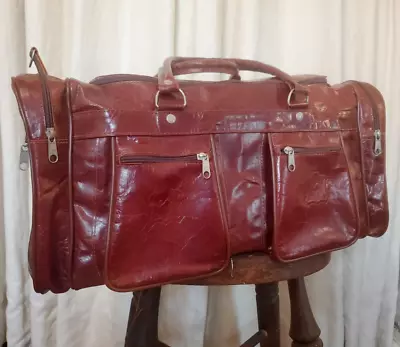 Cuir Vrai LEATHER Oxblood Tan Travel Bag Holdall Weekender Cabin Overnight Bag • £34.95