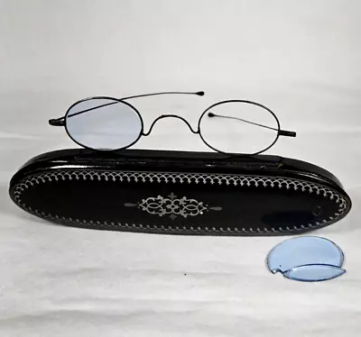 Antique Oval Eyeglasses Wire Frame Spectacles Wooden Inlay Case HL Blue Lenses • $54.99