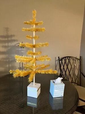 32  Yellow Feather Tree With Wood Base Vintage Signed By Dennis Bauer &  Dated • $125