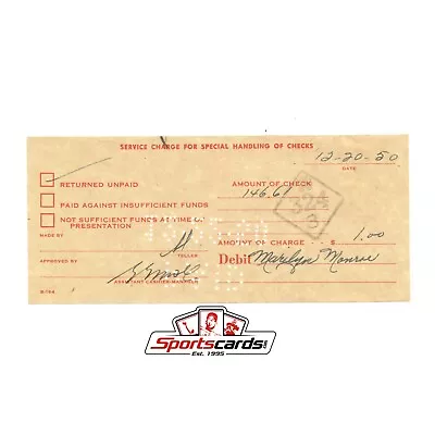 Marilyn Monroe Bank Issue Service Charge Receipt Dated 12-20-50 • $124.99