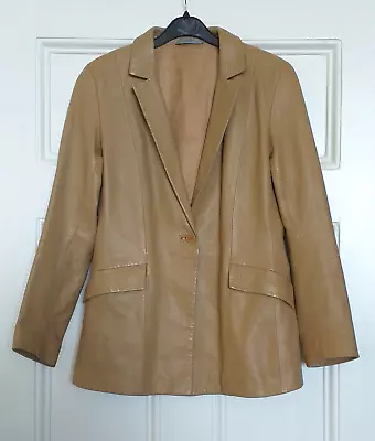Marks & Spencer 100% Real Camel Leather Tailored Fitted Jacket Blazer. Size 12 • £32.99