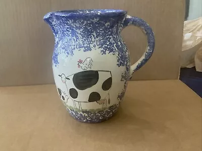 Molly Dallas Spatterware Blue & White Crock Jug Container With Cow & Chicken • $22