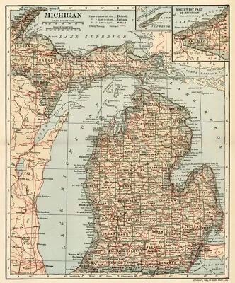 MICHIGAN Map: Authentic 1906 (dated) With Counties Towns Topography Railroads • $34.34