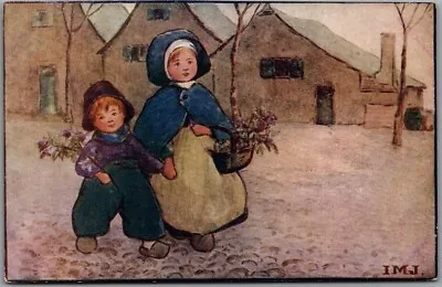 £4.87 • Buy Artist-Signed  IMJ  Postcard Dutch Boy & Girl Walking In Village - 1917 Cancel