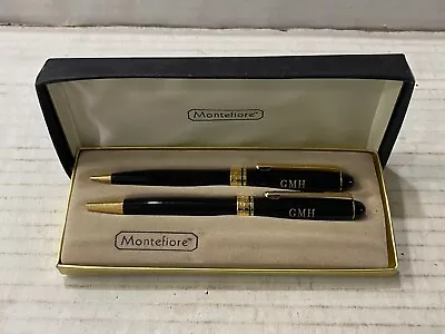 Montefiore Pen And Pencil Set Black W/  Gold Accents Inscribed Initials GMH Bx14 • $21.99