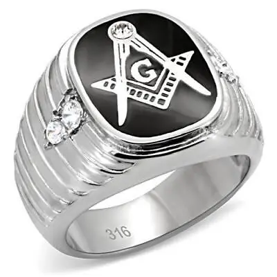 Mens Silver Masonic Ring Signet Pinky Onyx Black Cubic Zirconia  • £19.95