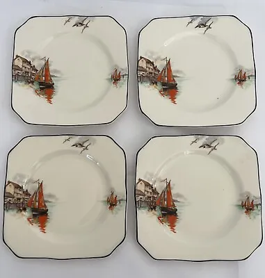 RARE 4 Vintage Myott Staffordshire Plates 5 3/4  Sailboat Water Birds Houses • $39.99