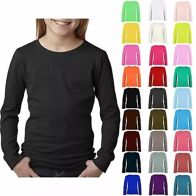 New Kids Girls Plain Long Sleeve Basic Stretch Round Neck T-Shirt School Tee Top • £5.99