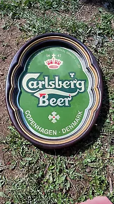 Carlsberg Beer Mirrored Sign Bar Vtg 80s Pub Mirror Mancave Copenhagen Denmark • $25