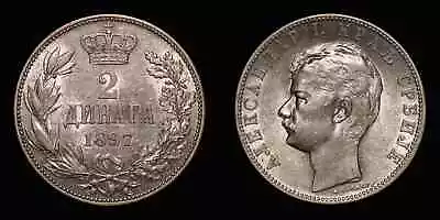 SERBIA 1897 Two 2 Dinara - Aleksandar I Silver Coin KM# 22 • $6.99