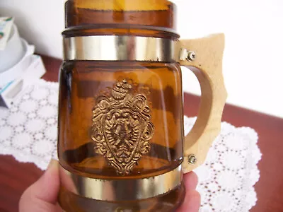 Retro 1970 Amber Glass Stein Souvenir Mug With Wooden Handle. Made InTaiwan. VGC • $15