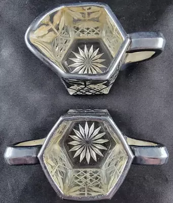 Antique Metal Pewter Glass Creamer & Sugar Pitcher &Bowl Floral Art Deco Pattern • $14.95