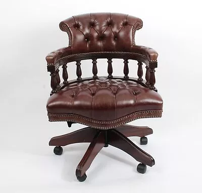 Bespoke English Hand Made Leather Captains Desk Chair Dark Brown Colour • £1695