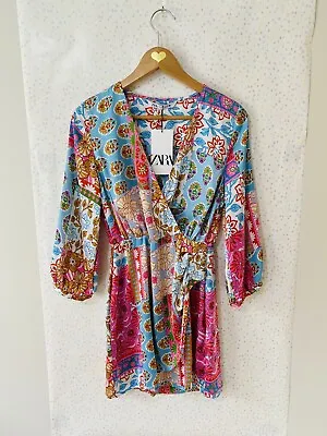 Zara Patchwork Print Mini Dress Size S BNWT Multicoloured Darted Gathered Waist • £25.90