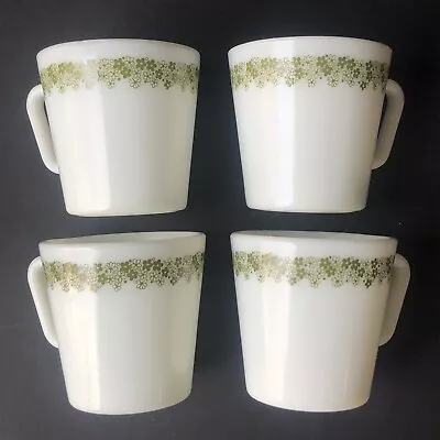 4 Vintage Pyrex Spring Blossom Milk Glass Coffee Mugs Crazy Daisy Tea Cups Green • $17