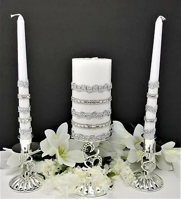  White Lace Wedding Unity Candle Set With Clear Rhinestones & Silver Ribbon • £24.13