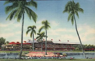 Hialeah Race Course Flamingo Lake Miami Florida American Flags Linen Postcard K5 • $2.50
