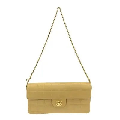 Auth CHANEL Chocolate Bar Beige Lambskin Shoulder Bag Gold Hardware • $1117