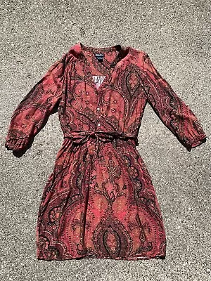 Y2K Lucky Brand Red Paisley Shirtwaist 3/4 Sleeve Rayon Dress Medium • £15.83