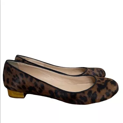 J Crew Janey Flat Leopard Print Calf Hair Gold Heel Size 6 • $29.14